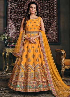 Yellow Color Jacquard Silk Long Gown