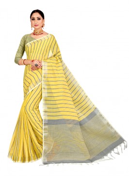 Yellow Color Linen Saree For Women