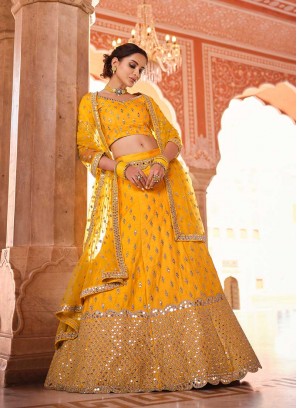 Yellow Color Mirror Work Lehenga