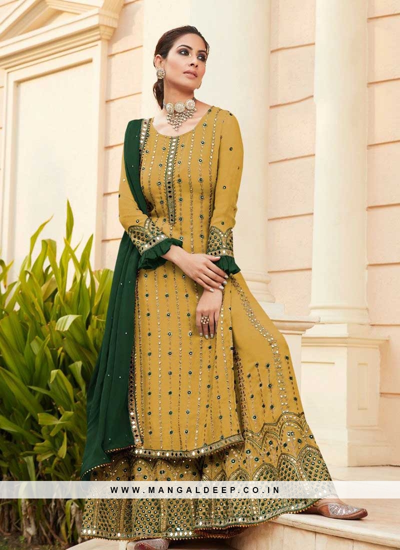 Yellow Color Mirror Work Sharara Suit