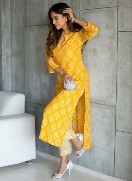 Yellow Color Muslin Casual Wear Kurti Set