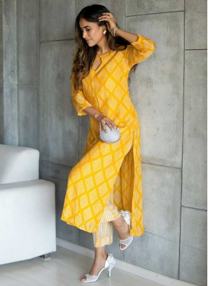 Yellow Color Muslin Casual Wear Kurti Set