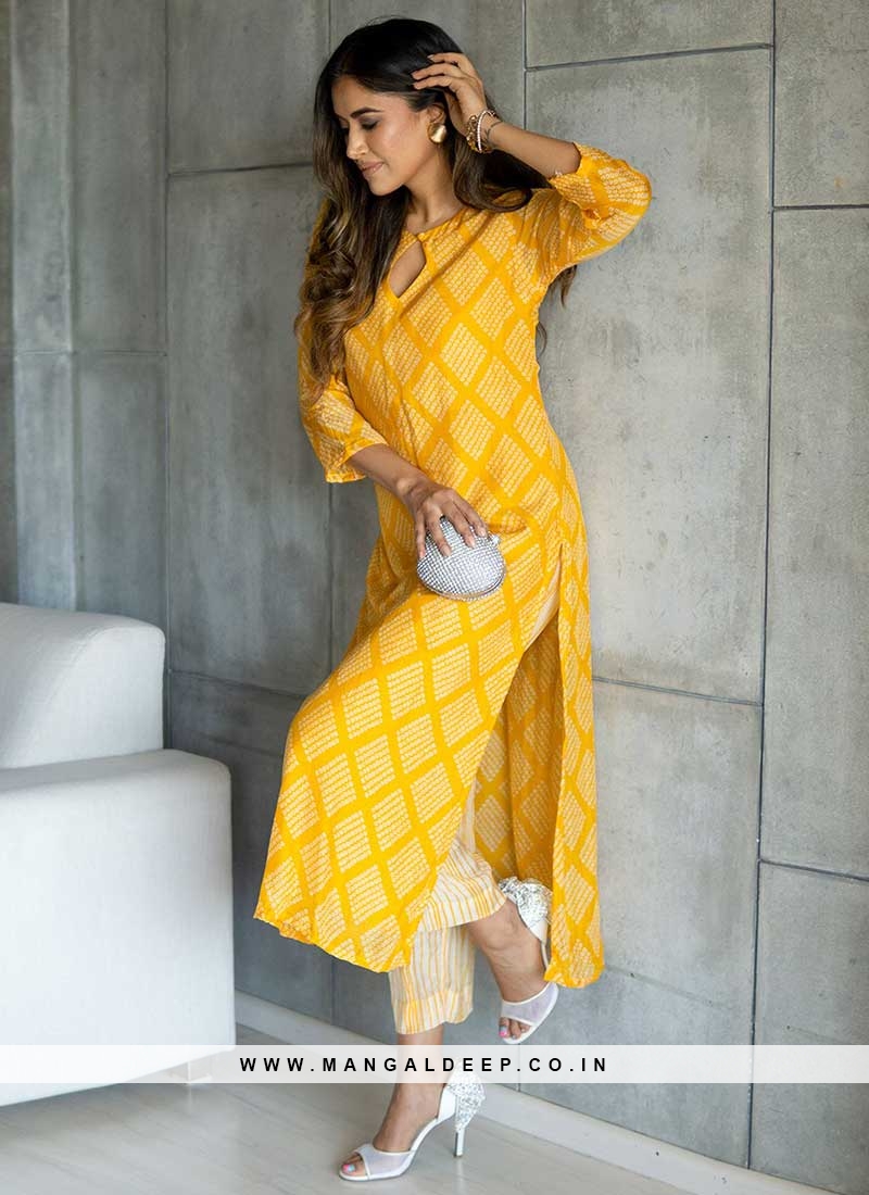 Mustard Yellow Party Wear Embroidered Cotton Kurti Pant Set With Dupatta