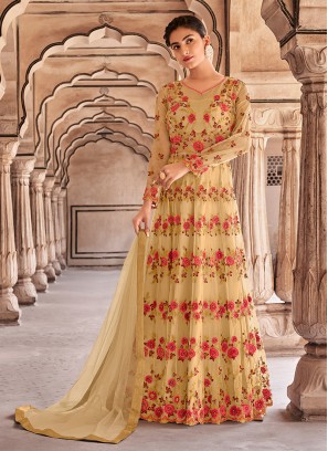 Yellow Color Net Embroidered Gown