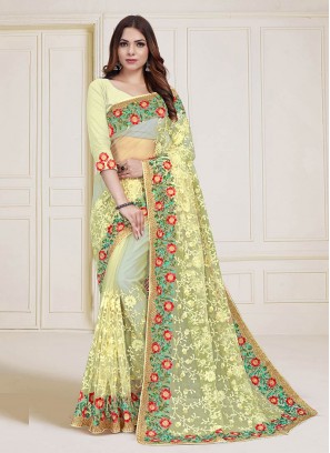 Yellow Color Net Embroidered Saree