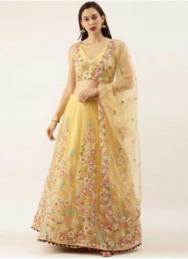 Yellow Color Net Floral Design New Lehenga