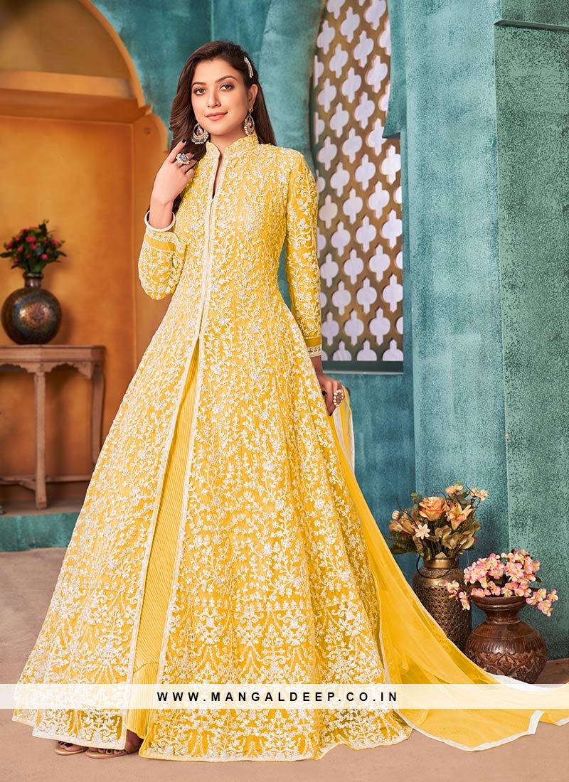 Yellow Color Net Sequins Embroidered Long Suit