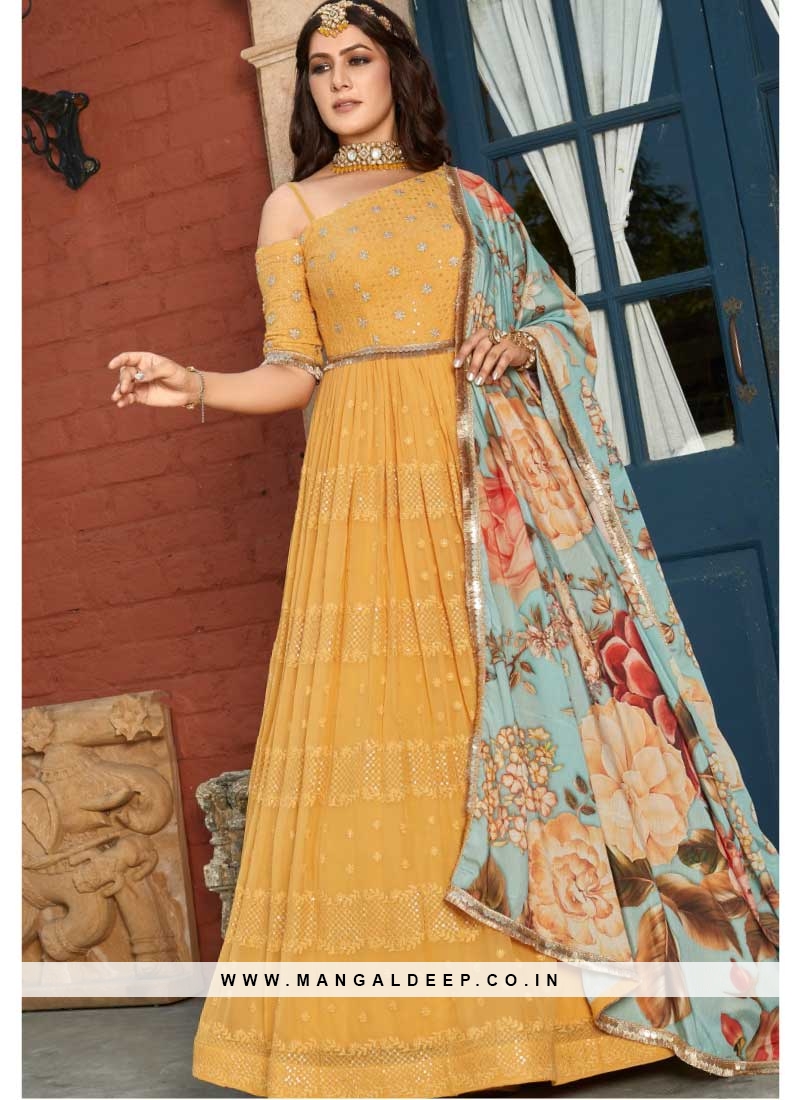 Yellow Color Patola Paithani Printed And Foil Printed Dola Silk Gown –  garment villa