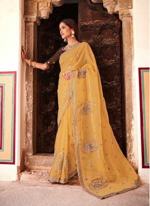 Yellow Color Organza Mirror Work Saree