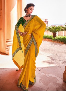 Yellow Color Organza Silk Lace Border Saree