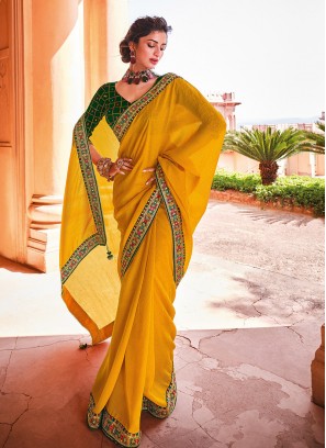 Yellow Color Organza Silk Lace Border Saree