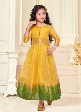 Yellow Color Organza Silk Little Girl Kurti