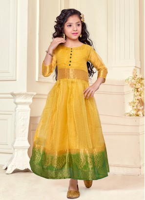 Yellow Color Organza Silk Little Girl Kurti