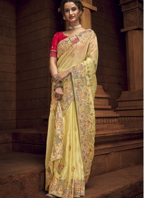 Yellow Color Organza Wedding Wear Saree