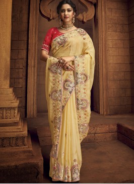 Yellow Color Organza Wedding Wear Saree