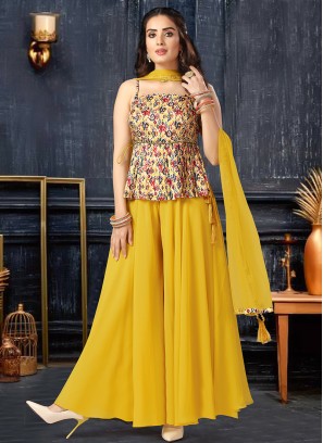 Yellow Color Printed Georgette Plazzo Suit