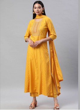 Yellow Color Rayon Embroidered Readymade Suit