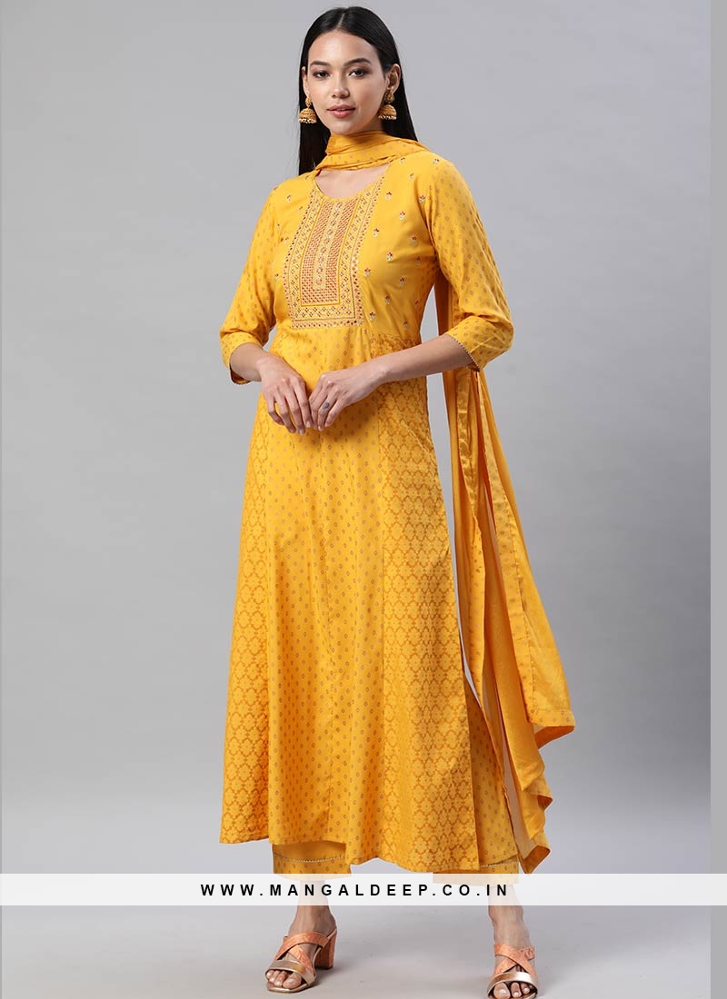 Yellow Color Rayon Embroidered Readymade Suit