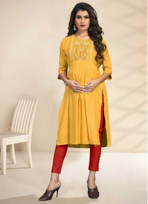 Yellow Color Rayon Embroidered Special Maternity Kurti