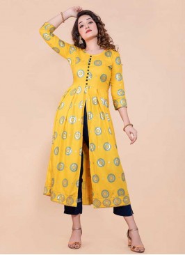 Yellow Color Rayon Front Cut Style Kurti