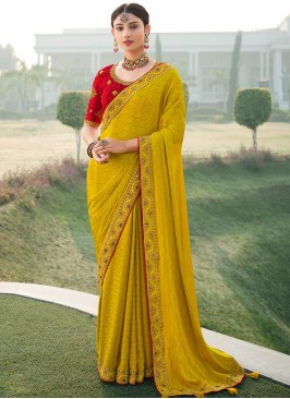 Yellow Color Satin Chiffon Dazzling Saree