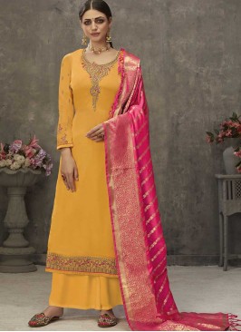 Yellow Color Satin Plazzo Suit