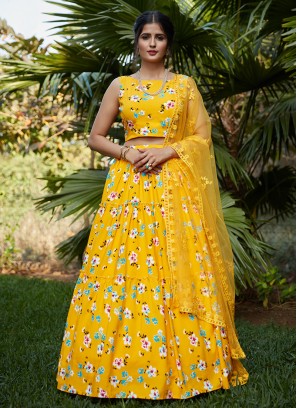 Yellow Color Silk Crepe Printed Lehenga