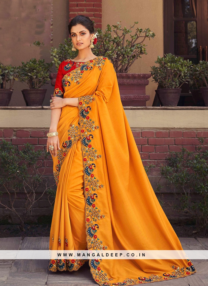 Yellow Color Silk Embroidered Saree