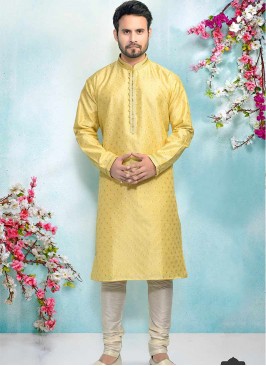 Yellow Color Silk Kurta Pajama For Mens