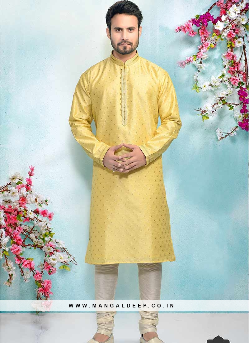 Yellow Color Silk Kurta Pajama For Mens