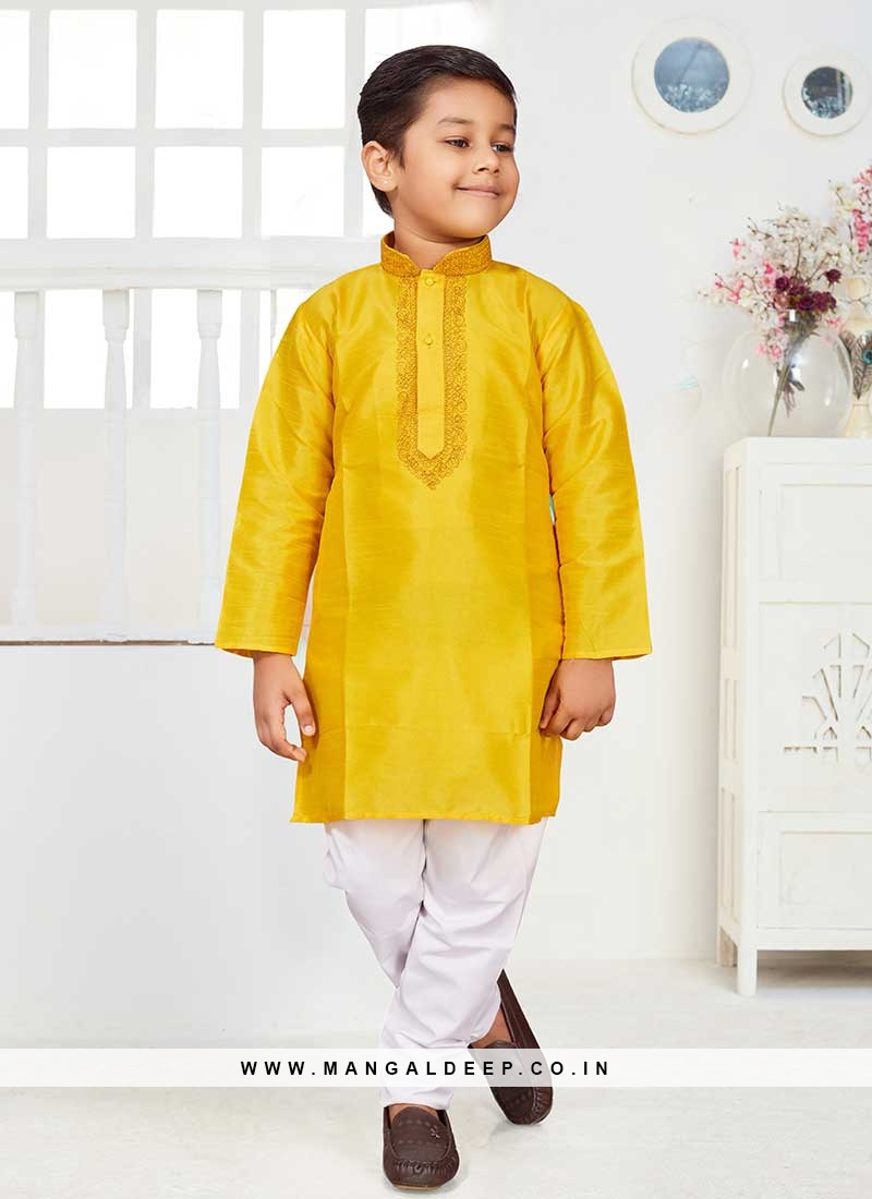 Yellow Color Silk Little Boy Kurta Set