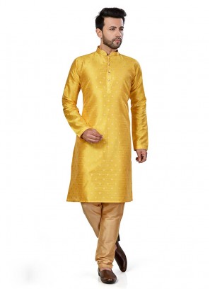 Yellow Color Silk Mens Kurta Set