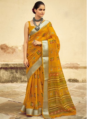 Yellow Color Silk Printed Saree