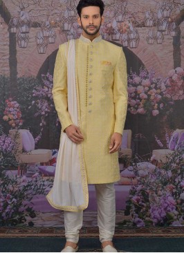 Yellow Color Silk Sherwani