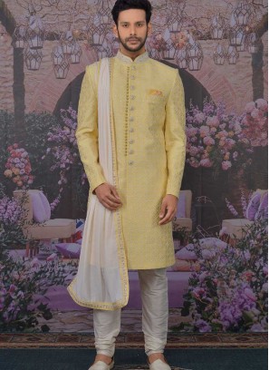 Yellow Color Silk Sherwani