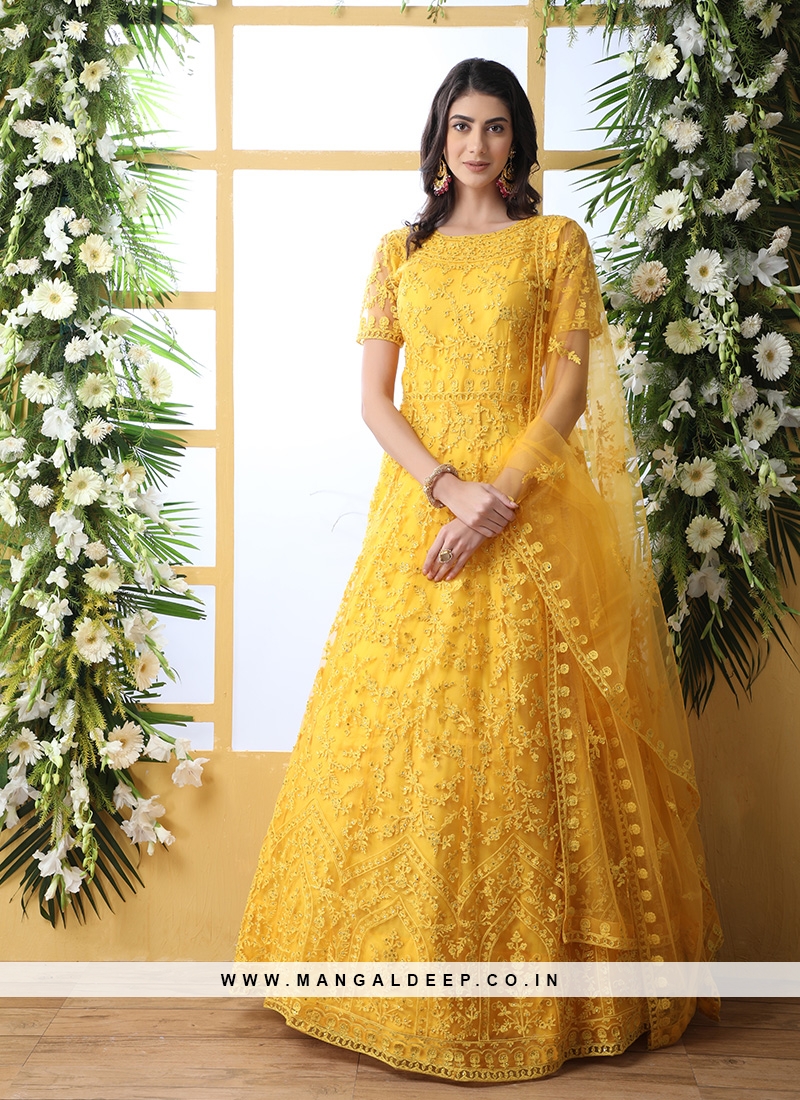 Mustard Yellow Georgette Moti, Mirror And Zardozi Work Flared Pleated