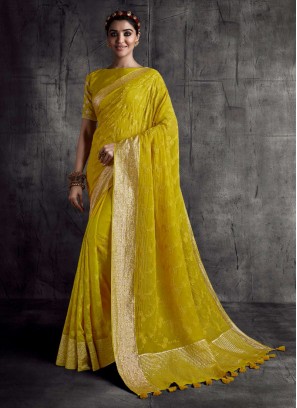 Yellow Color Thread Work Silk Saree