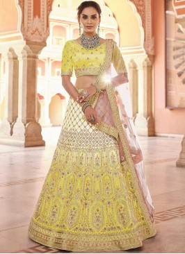 Yellow Color Velvet Thread Work Lehenga