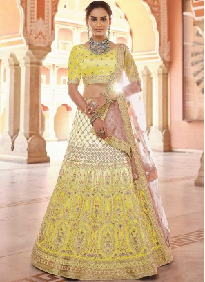 Yellow Color Velvet Thread Work Lehenga