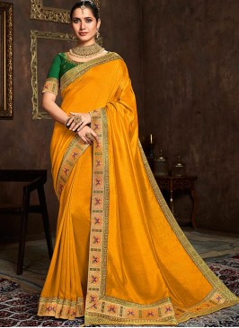 Yellow Color Vichitra Silk Lace Border Saree