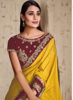 Yellow Colour Floral Work Saree