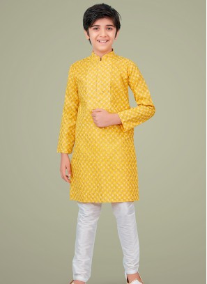 Yellow cotton silk Indo Western Suit for Boys.