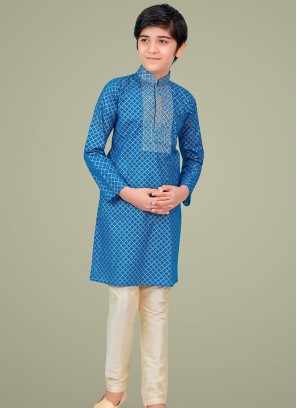 Blue cotton silk Indo Western Suit for Boys.
