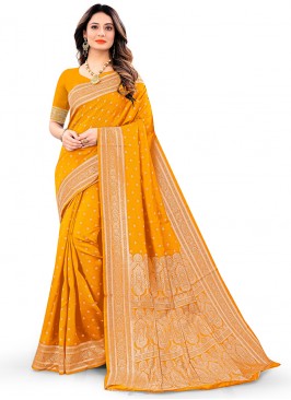 Yellow Designer Embroidered Silk Saree