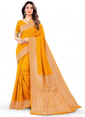 Yellow Designer Embroidered Silk Saree