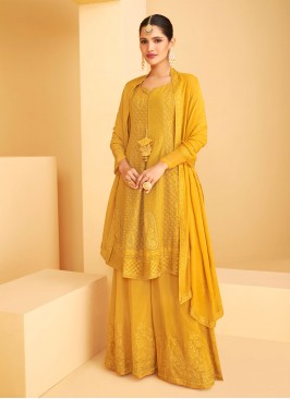 Yellow Embroidered Faux Georgette Designer Pakistani Suit