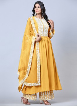 Yellow Embroidered Faux Georgette Semi-stiched Salwar Suit