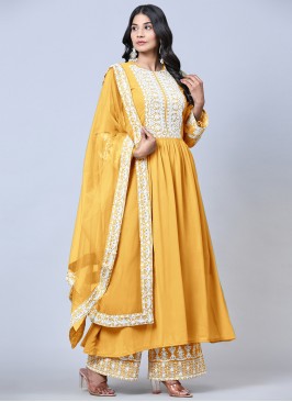 Yellow Embroidered Faux Georgette Semi-stiched Sal