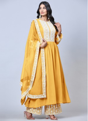 Yellow Embroidered Faux Georgette Semi-stiched Salwar Suit