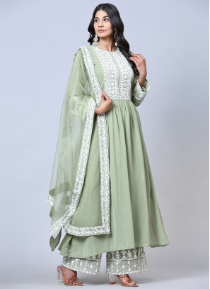 Sea Green Embroidered Faux Georgette Semi-stiched Salwar Suit